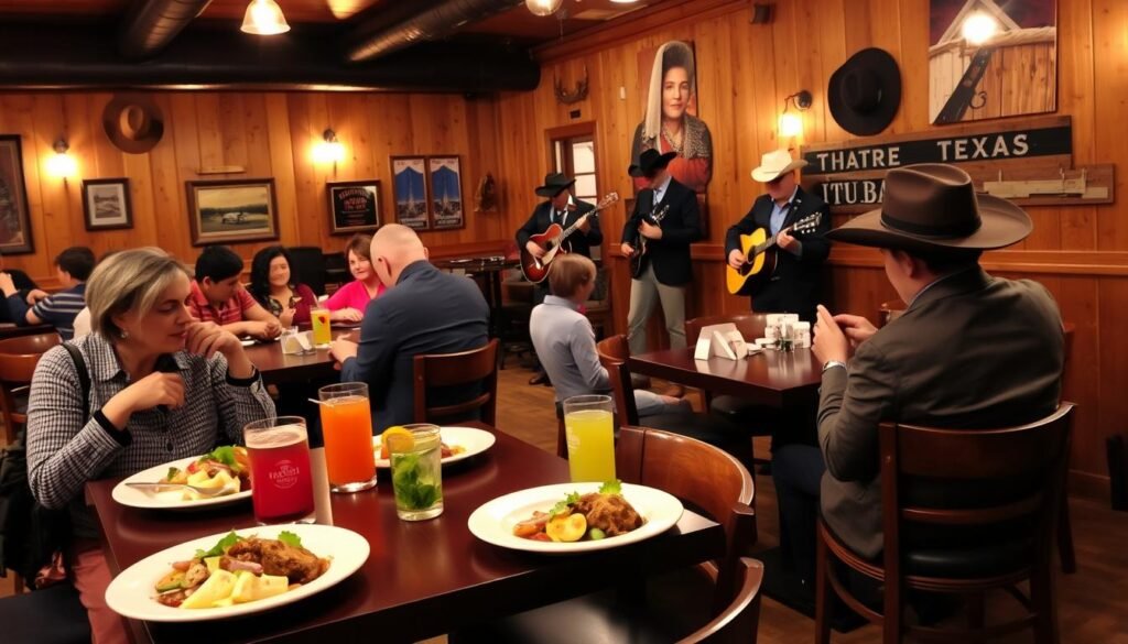 A cozy dining scene at a restaurant, featuring a warm wooden interior with soft, ambient lighting, creating a welcoming atmosphere. In the foreground, a table set for two with elegantly arranged plates of delicious food, accompanied by colorful drinks and soft table decor. In the middle, a diverse group of diners in smart casual attire, happily enjoying their meals while a live band plays soft country music in the background. The musicians, dressed in polished yet comfortable outfits, are focused on their instruments, contributing to the relaxing vibe. The background reveals rustic decor with hints of Texas charm, like cowboy hats and wooden accents, enhancing the overall feeling of comfort and enjoyment. The image captures a sense of community and leisure, inviting viewers to relax and immerse themselves in the dining experience.