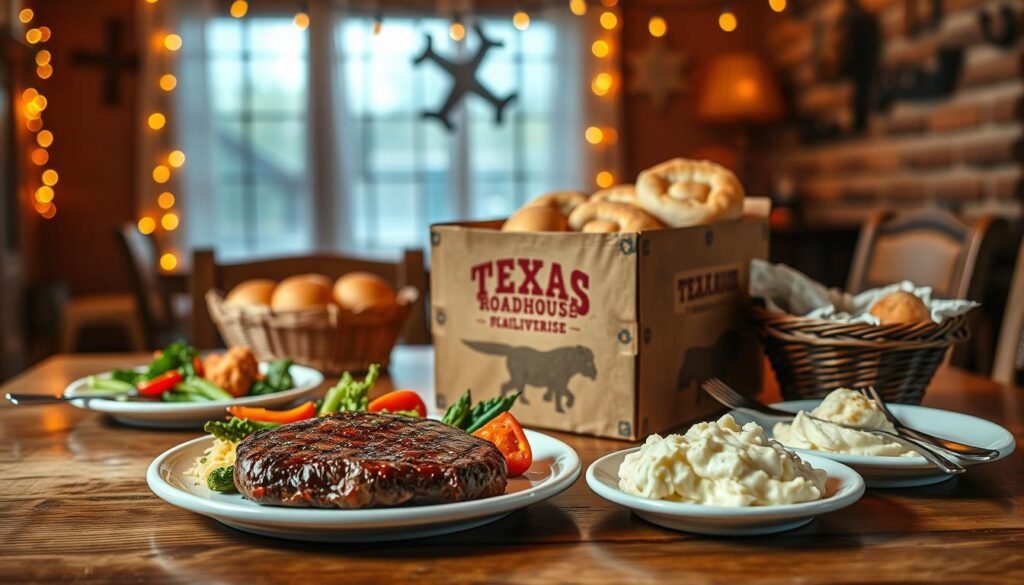 A cozy dining setup featuring a Texas Roadhouse delivery meal. In the foreground, a rustic wooden table is adorned with a vibrant, hearty meal including a grilled steak, mashed potatoes, fresh vegetables, and a basket of warm bread rolls. A pair of elegant plates and utensils are artfully arranged. In the middle, a rustic, stylish box marked with the Texas Roadhouse logo is slightly opened, showcasing the delicious food inside. The background reveals a softly lit dining area with warm string lights and cowboy-themed decor, creating a welcoming and inviting atmosphere. The scene is illuminated by soft, warm lighting that enhances the inviting mood of at-home dining. Shot from a slightly elevated angle, focusing on the meal while capturing the ambiance.