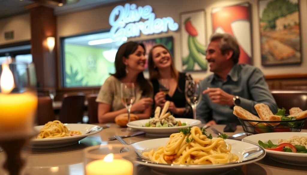 A cozy early dinner setting at an Olive Garden restaurant, featuring a beautifully arranged table for two with elegant plates of delicious pasta, garlic breadsticks, and fresh salads. In the foreground, soft candlelight casts a warm glow over the tableware, enhancing the inviting atmosphere. The middle ground shows a pair of diners in modest casual clothing, sharing laughter and conversation, their expressions reflecting enjoyment and camaraderie. The background reveals the restaurant's rustic decor, with soft lighting and vibrant Italian-themed artwork. The scene is captured with a slightly blurred depth of field to emphasize the intimacy of the moment, creating a relaxed and welcoming mood perfect for a delightful dining experience.