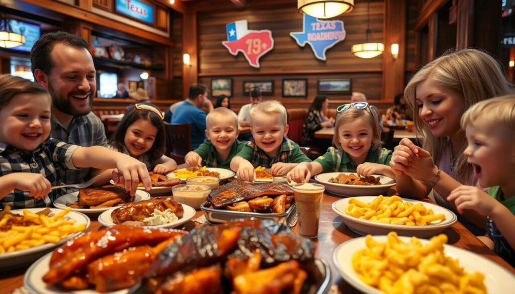 A cozy family dining scene at Texas Roadhouse, featuring a cheerful atmosphere with families enjoying meals together. In the foreground, a table is filled with a variety of mouth-watering dishes, including kid-friendly meals like ribs and macaroni and cheese. Several smiling children, dressed in casual but neat clothing, are reaching for their food, while parents enjoy their meals with satisfied expressions. In the middle, the restaurant's rustic wooden décor and vibrant Texas-themed artwork create an inviting environment. The background shows other diners enjoying their meals, illuminated by warm, soft lighting that emphasizes the welcoming ambiance of the restaurant. The angle captures the energy of family dining while maintaining a focus on the delightful experience offered to kids. A cozy family dining scene at Texas Roadhouse, featuring a cheerful atmosphere with families enjoying meals together. In the foreground, a table is filled with a variety of mouth-watering dishes, including kid-friendly meals like ribs and macaroni and cheese. Several smiling children, dressed in casual but neat clothing, are reaching for their food, while parents enjoy their meals with satisfied expressions. In the middle, the restaurant's rustic wooden décor and vibrant Texas-themed artwork create an inviting environment. The background shows other diners enjoying their meals, illuminated by warm, soft lighting that emphasizes the welcoming ambiance of the restaurant. The angle captures the energy of family dining while maintaining a focus on the delightful experience offered to kids.