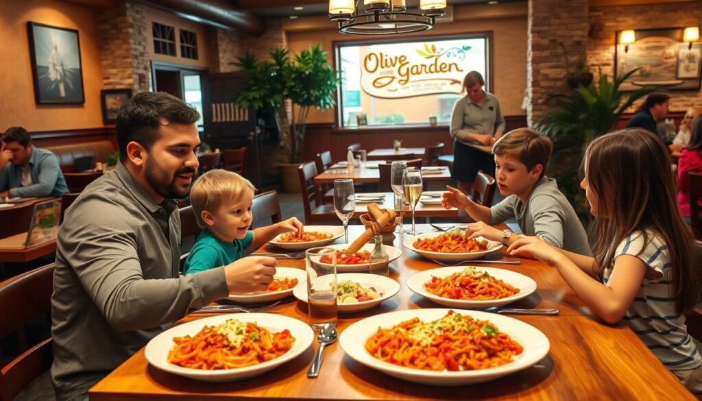 A cozy family-friendly restaurant scene at Olive Garden in Florence, KY, showcasing a warm and inviting atmosphere. In the foreground, a family of four is seated at a beautifully set wooden table, enjoying a delicious Italian meal together, with vibrant pasta dishes and fresh breadsticks. The middle ground features friendly servers in modest casual attire attending to nearby tables, enhancing the lively ambiance. The background captures the restaurant's rustic decor, with soft, golden lighting illuminating the space, highlighting charming wall art and lush greenery. The scene is shot at a slight angle, focusing on the warmth and togetherness of families enjoying their dining experience, creating a welcoming and cheerful mood ideal for all ages.