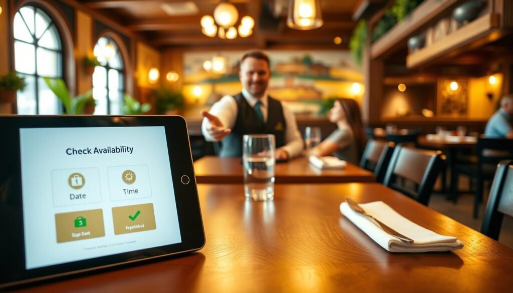 A cozy, inviting Olive Garden restaurant interior, featuring a wooden table set for two with a digital tablet displaying the "Check Availability" screen prominently in the foreground. The tablet screen shows an easy-to-navigate interface with bright, clear symbols for date and time selections. In the middle background, a friendly host in neat business casual attire interacts with a couple, pointing towards the tablet, creating a sense of engagement and assistance. Soft, warm lighting bathes the scene, highlighting the restaurant's rustic decor, with hanging lights and green plants visible. The atmosphere is welcoming and relaxed, encouraging diners to use the online waitlist for a stress-free dining experience. The image should have a shallow depth of field, focusing on the tablet and host while softly blurring the background.
