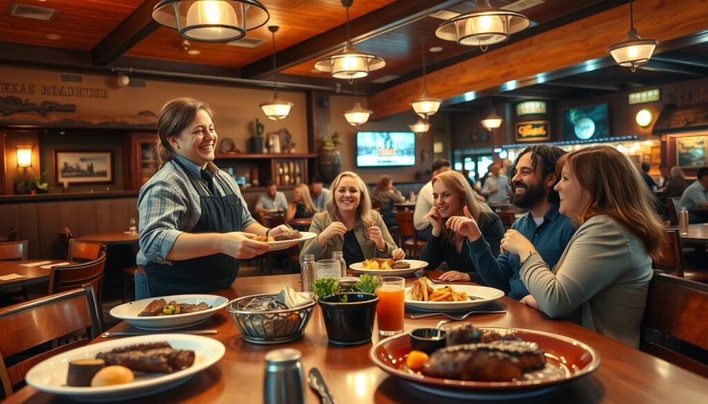 A cozy, inviting Texas Roadhouse restaurant during the early dine hours, showcasing a charming interior filled with rustic wooden furniture, warm lighting, and country-themed decor. In the foreground, a neatly set table with delicious early dine dishes like steaks and sides, enticing aromas wafting through the air. The middle ground features a friendly server in smart casual attire, smiling as they deliver food to a group of diverse customers, all dressed in modest, casual clothing, enjoying their meals and laughing together. In the background, the vibrant atmosphere of the restaurant is alive with other diners and lively music, enhancing the sense of camaraderie and joy. Soft, ambient lighting creates a warm and welcoming mood, reminiscent of a friendly gathering spot. The scene is captured from a slight upward angle to emphasize the inviting layout and the delightful dining experience.