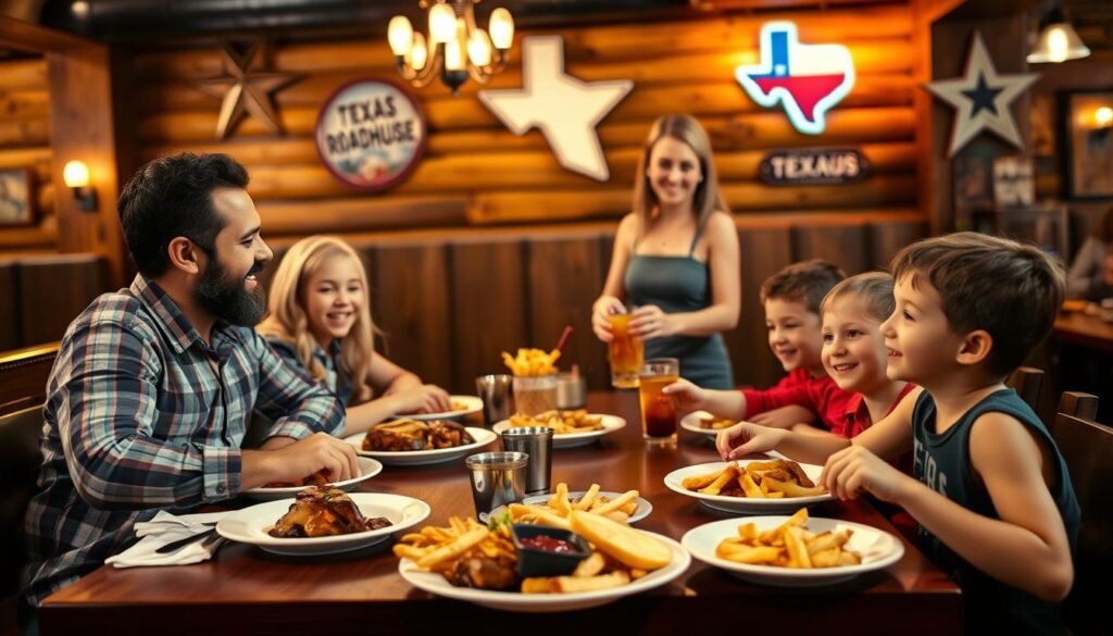 A cozy, inviting restaurant scene highlighting a vibrant Texas Roadhouse atmosphere during family dining. In the foreground, a family of four—two parents in casual but neat attire, and two kids happily enjoying their meal—sits at a wooden table adorned with plates of delicious food. The children are animated, smiling with plates filled with classic American dishes like ribs and fries. In the middle ground, a friendly waitress serving drinks with a warm smile complements the lively mood. The background features rustic wooden decor and Texas-themed memorabilia, softly illuminated by warm, ambient lighting that evokes a welcoming vibe. Capture the scene from a slightly elevated angle to emphasize the joyful interactions at the table, creating a sense of community and conviviality in the restaurant setting.