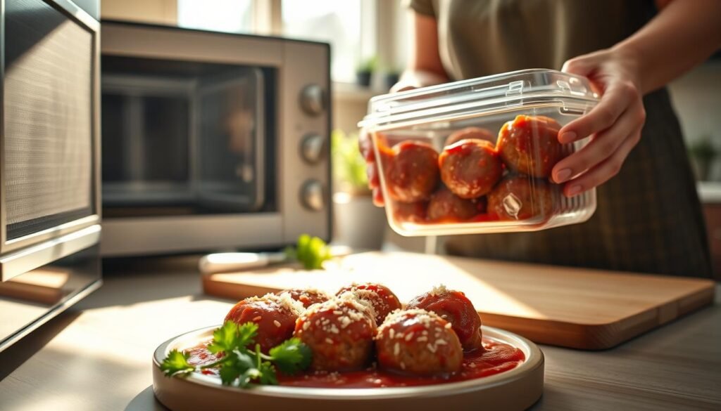 A cozy kitchen scene featuring a person in modest casual clothing, carefully storing leftover Olive Garden meatballs in a glass container with a tight-fitting lid. The foreground showcases the vibrant, savory meatballs adorned with marinara sauce, with a sprinkle of parmesan cheese on top. In the middle ground, a microwave door is ajar, hinting at the reheating process, and a cutting board is visible with fresh parsley for garnish. Sunlight streams in through a window, casting warm shadows across the kitchen counter, creating an inviting and homey atmosphere. The background includes cabinets and a few potted herbs, adding to the culinary feel. Capture the comforting mood of preparing and enjoying home-cooked leftovers.