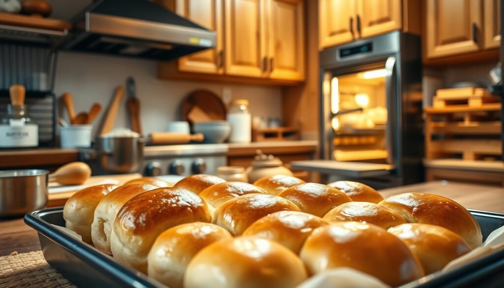 A cozy kitchen scene featuring an oven baking Texas Roadhouse rolls, with the rolls rising beautifully on a baking tray. In the foreground, focus on a golden-brown batch of rolls, steaming as they come out of the oven, glistening with melted butter. The middle showcases a bright, well-organized kitchen counter adorned with baking tools like measuring cups, a rolling pin, and fresh ingredients such as flour and yeast. In the background, an open oven with its door slightly ajar, emitting a warm glow, and a rustic kitchen ambiance with warm wooden cabinetry and soft lighting creates a homey feeling. The image captures a sense of warmth and comfort, inviting the viewer to share in the joy of baking. The angle is slightly elevated, giving a comprehensive view while maintaining a close focus on the delicious rolls. A cozy kitchen scene featuring an oven baking Texas Roadhouse rolls, with the rolls rising beautifully on a baking tray. In the foreground, focus on a golden-brown batch of rolls, steaming as they come out of the oven, glistening with melted butter. The middle showcases a bright, well-organized kitchen counter adorned with baking tools like measuring cups, a rolling pin, and fresh ingredients such as flour and yeast. In the background, an open oven with its door slightly ajar, emitting a warm glow, and a rustic kitchen ambiance with warm wooden cabinetry and soft lighting creates a homey feeling. The image captures a sense of warmth and comfort, inviting the viewer to share in the joy of baking. The angle is slightly elevated, giving a comprehensive view while maintaining a close focus on the delicious rolls.