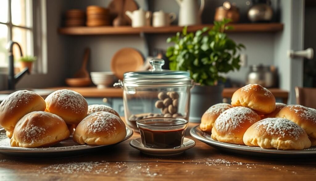 A cozy kitchen scene focused on a warm plate of Olive Garden zeppoli, golden-brown and dusted with powdered sugar, positioned prominently in the foreground. The zeppoli are arranged beautifully, with a small dish of warm chocolate sauce on the side. In the middle, a rustic wooden table holds a glass container with a lid, indicating how to store the leftovers. Soft, ambient lighting from a window bathes the scene in a warm glow, creating an inviting atmosphere. In the background, shelves stocked with kitchen utensils and a potted herb plant add depth and life to the setting. The composition showcases a sense of homey comfort, emphasizing the joy of enjoying and preserving this delicious treat.