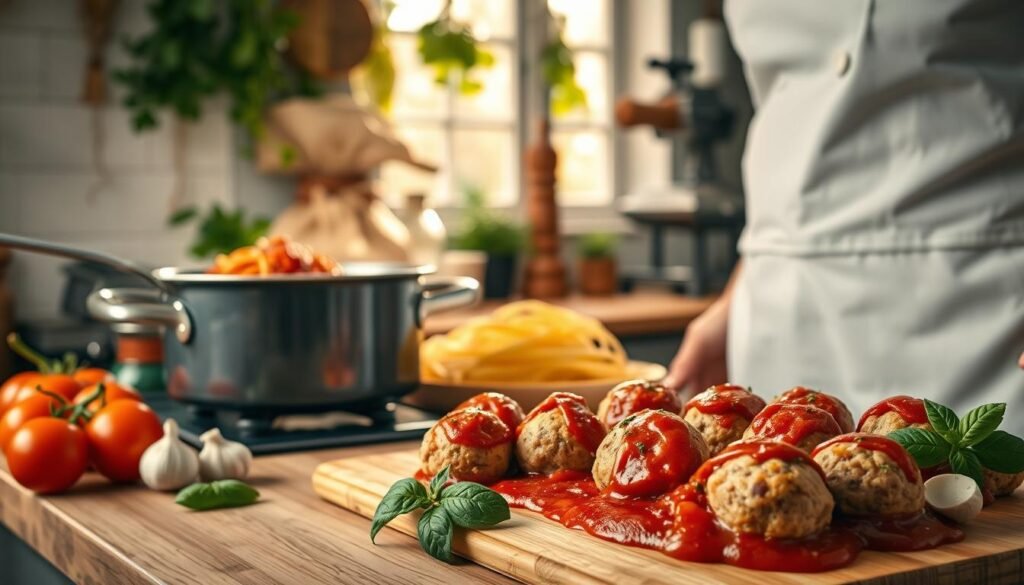 A cozy kitchen scene focused on the process of mastering spaghetti and meatballs. In the foreground, a skilled chef in a crisp white apron stirs a simmering pot of rich marinara sauce, while fresh meatballs, handcrafted and perfectly round, await their turn on a wooden cutting board nearby. The middle of the image showcases vibrant ingredients—plump tomatoes, fragrant basil, and garlic cloves—artfully arranged. In the background, soft golden light streams through a window, illuminating rustic kitchen elements like hanging herbs and a vintage pasta machine, creating a warm, inviting atmosphere. The scene exudes a sense of culinary passion and dedication, embodying the art of cooking with care and precision. The lens captures this moment at a slight angle, enhancing the intimacy of the cooking process. A cozy kitchen scene focused on the process of mastering spaghetti and meatballs. In the foreground, a skilled chef in a crisp white apron stirs a simmering pot of rich marinara sauce, while fresh meatballs, handcrafted and perfectly round, await their turn on a wooden cutting board nearby. The middle of the image showcases vibrant ingredients—plump tomatoes, fragrant basil, and garlic cloves—artfully arranged. In the background, soft golden light streams through a window, illuminating rustic kitchen elements like hanging herbs and a vintage pasta machine, creating a warm, inviting atmosphere. The scene exudes a sense of culinary passion and dedication, embodying the art of cooking with care and precision. The lens captures this moment at a slight angle, enhancing the intimacy of the cooking process.