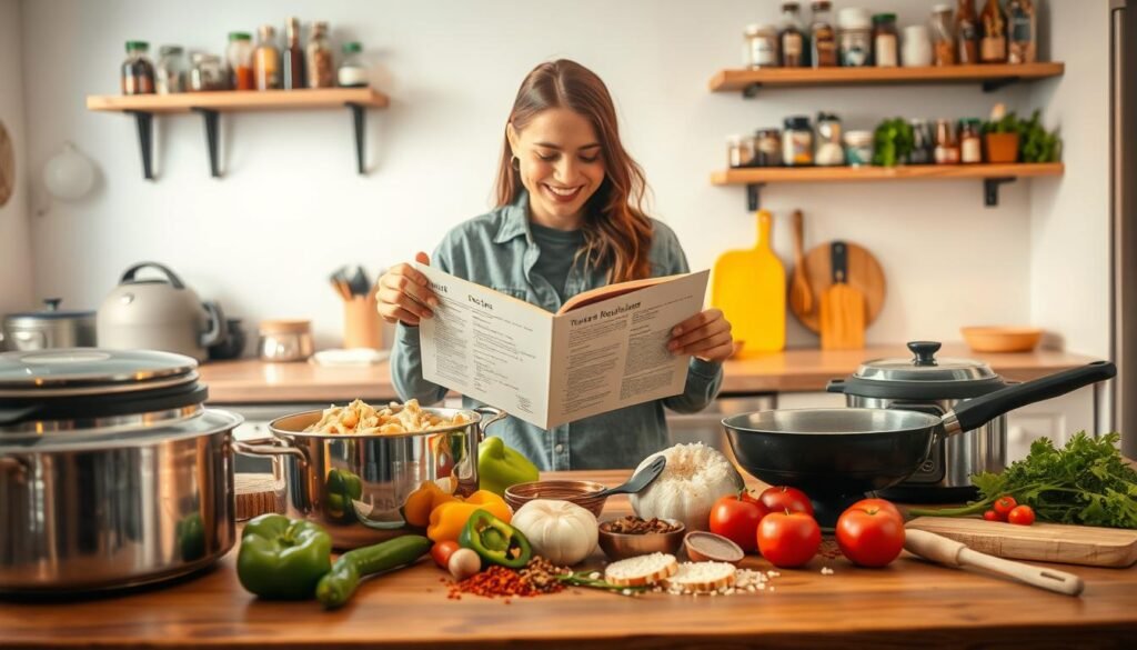 A cozy kitchen scene focused on the process of selecting a cooking method for a Texas Roadhouse-style rice dish. In the foreground, a wooden table showcases a variety of cooking tools: a steaming pot, a rice cooker, and a frying pan, each neatly organized. A vibrant array of fresh ingredients, such as bell peppers, onions, and spices are scattered around, adding pops of color. The middle ground features a cheerful person in modest casual clothing, thoughtfully examining a recipe book and pointing at a method, with a slight smile indicating enthusiasm. Soft, warm lighting bathes the kitchen, creating an inviting and homely atmosphere. In the background, shelves filled with spices and cooking utensils hint at culinary creativity. The overall scene conveys a sense of comfort, exploration, and the joy of cooking. A cozy kitchen scene focused on the process of selecting a cooking method for a Texas Roadhouse-style rice dish. In the foreground, a wooden table showcases a variety of cooking tools: a steaming pot, a rice cooker, and a frying pan, each neatly organized. A vibrant array of fresh ingredients, such as bell peppers, onions, and spices are scattered around, adding pops of color. The middle ground features a cheerful person in modest casual clothing, thoughtfully examining a recipe book and pointing at a method, with a slight smile indicating enthusiasm. Soft, warm lighting bathes the kitchen, creating an inviting and homely atmosphere. In the background, shelves filled with spices and cooking utensils hint at culinary creativity. The overall scene conveys a sense of comfort, exploration, and the joy of cooking.