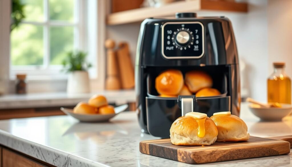 A cozy kitchen scene showcasing an air fryer prominently placed on a countertop. The air fryer is sleek and modern, with its lid slightly open, revealing golden-brown Texas Roadhouse rolls inside, freshly cooked and fluffy. In the foreground, a rustic wooden cutting board holds a few rolls with melted butter glistening on top. In the middle ground, soft, warm lighting emanates from a nearby window, creating a welcoming atmosphere. The background features a few decorative kitchen items like spices and a bowl of honey, enhancing the homey feel. The overall mood is inviting and comforting, ideal for illustrating quick and easy meal preparation.