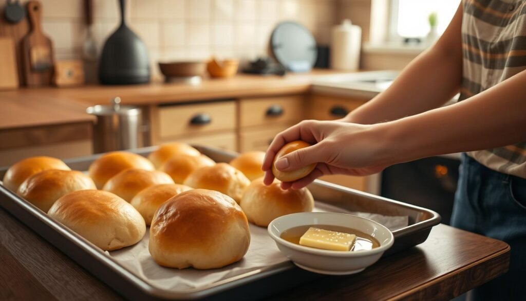 A cozy kitchen setting featuring a wooden countertop with a baking sheet filled with frozen Texas Roadhouse rolls, glistening with a light layer of vegetable oil. The rolls are fluffy and golden, showing hints of their delicious buttery texture. In the foreground, a pair of hands in modest casual attire gently place a roll on the baking sheet, with a small dish of melted butter nearby ready to be brushed on top. The middle ground includes a warm oven preheating, with soft light emanating from it, creating a welcoming atmosphere. The background displays simple kitchen utensils and a bright window letting in natural morning light, enhancing the homely feel. The overall mood is inviting and delightful, perfect for a family kitchen. A cozy kitchen setting featuring a wooden countertop with a baking sheet filled with frozen Texas Roadhouse rolls, glistening with a light layer of vegetable oil. The rolls are fluffy and golden, showing hints of their delicious buttery texture. In the foreground, a pair of hands in modest casual attire gently place a roll on the baking sheet, with a small dish of melted butter nearby ready to be brushed on top. The middle ground includes a warm oven preheating, with soft light emanating from it, creating a welcoming atmosphere. The background displays simple kitchen utensils and a bright window letting in natural morning light, enhancing the homely feel. The overall mood is inviting and delightful, perfect for a family kitchen.