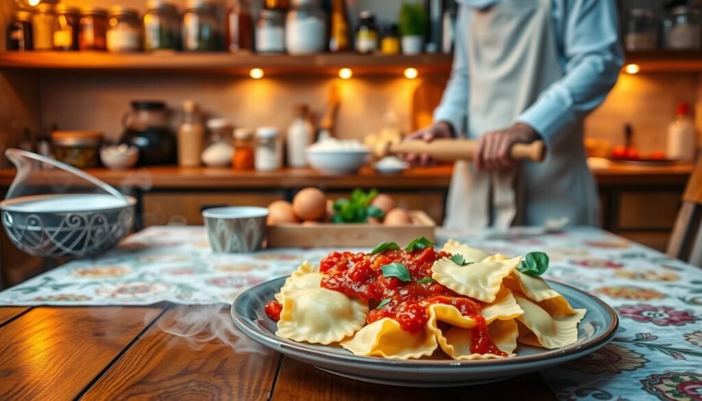 A cozy kitchen setting, featuring a wooden dining table adorned with a colorful tablecloth, where a plate of freshly prepared cheese ravioli is prominently displayed. In the foreground, steam wafts from the ravioli, which are topped with a rich marinara sauce and sprinkled with freshly chopped basil. In the middle, a chef in a crisp white apron gathers ingredients, including flour, eggs, and a rolling pin, ready to make fresh pasta. The background showcases shelves filled with jars of spices, olive oil, and cooking utensils, all bathed in warm, soft lighting that creates an inviting atmosphere. The camera angle is slightly above the table, capturing both the ingredients and the chef in action, evoking a sense of warmth and homeliness, ideal for preparing the perfect ravioli dinner.