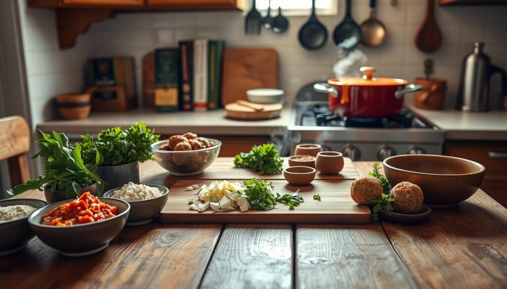 A cozy kitchen workspace designed for preparing Olive Garden-style meatballs, featuring a rustic wooden table at the forefront, accessorized with fresh herbs, bowls of ground meat, breadcrumbs, and traditional Italian spices. In the middle, a neatly organized cutting board showcases chopped garlic and parsley, with a simmering pot of marinara sauce on a gas stove in the background, steam rising gently. The kitchen exudes a warm and inviting ambiance, illuminated by soft, natural light streaming through a window, creating a harmonious and productive atmosphere. A hint of Italian cookbooks and utensils hangs in the background, suggesting a well-loved cooking space. The angle captures both the tabletop and the overall kitchen layout, emphasizing the feel of a homey culinary environment.