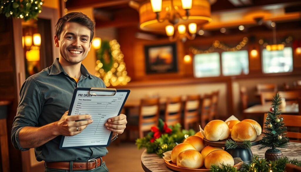 A cozy local Texas Roadhouse restaurant scene during the holiday season, featuring a welcoming entrance. In the foreground, a friendly restaurant employee in casual professional attire is holding a clipboard with a pre-order form, smiling warmly. The middle ground showcases a festive display of traditional Texas Roadhouse rolls, arranged on a table adorned with holiday decorations like twinkling lights and a small Christmas tree. The background includes a warmly lit dining area filled with rustic wooden furniture, creating an inviting atmosphere. Soft, ambient lighting enhances the warm colors of the setting, evoking a sense of holiday cheer and community. The perspective is slightly angled, emphasizing both the employee and the rolls, creating a balanced composition that conveys the spirit of pre-ordering for the festive season.