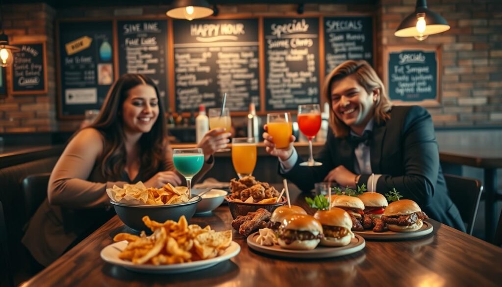 A cozy restaurant scene during happy hour, featuring a wooden table with a selection of appetizers like nachos, wings, and sliders, arranged artfully. In the foreground, two well-dressed friends in smart-casual attire enjoy their meal, smiling and toasting with colorful cocktails. The middle background shows a friendly bartender serving drinks, highlighting a chalkboard menu with handwritten specials but no text visible. Dim, warm lighting creates an inviting atmosphere, with soft focus to enhance a sense of relaxed enjoyment. The scene captures a vibrant, sociable mood, ideal for maximizing a dining budget while enjoying time with friends at a casual dining restaurant. A cozy restaurant scene during happy hour, featuring a wooden table with a selection of appetizers like nachos, wings, and sliders, arranged artfully. In the foreground, two well-dressed friends in smart-casual attire enjoy their meal, smiling and toasting with colorful cocktails. The middle background shows a friendly bartender serving drinks, highlighting a chalkboard menu with handwritten specials but no text visible. Dim, warm lighting creates an inviting atmosphere, with soft focus to enhance a sense of relaxed enjoyment. The scene captures a vibrant, sociable mood, ideal for maximizing a dining budget while enjoying time with friends at a casual dining restaurant.