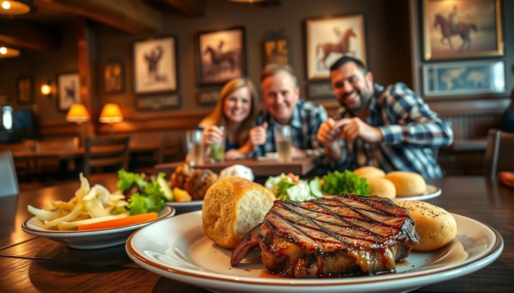 A cozy restaurant setting, featuring a wooden table with an inviting display of various money-saving meal options. In the foreground, a colorful plate of Texas Roadhouse steak with sides of baked potato, fresh salad, and homemade rolls, artfully arranged to draw attention. In the middle, a cheerful family enjoying their meal together, dressed in modest casual clothing, showcasing their joy of dining out while saving money. In the background, soft, ambient lighting creates a warm atmosphere, highlighting rustic decor elements like wooden beams and framed cowboy artwork, evoking a sense of homeliness. The angle is from a slight height, giving a dynamic view of the meal and the happy diners, capturing the essence of saving while enjoying a delicious dining experience. A cozy restaurant setting, featuring a wooden table with an inviting display of various money-saving meal options. In the foreground, a colorful plate of Texas Roadhouse steak with sides of baked potato, fresh salad, and homemade rolls, artfully arranged to draw attention. In the middle, a cheerful family enjoying their meal together, dressed in modest casual clothing, showcasing their joy of dining out while saving money. In the background, soft, ambient lighting creates a warm atmosphere, highlighting rustic decor elements like wooden beams and framed cowboy artwork, evoking a sense of homeliness. The angle is from a slight height, giving a dynamic view of the meal and the happy diners, capturing the essence of saving while enjoying a delicious dining experience.