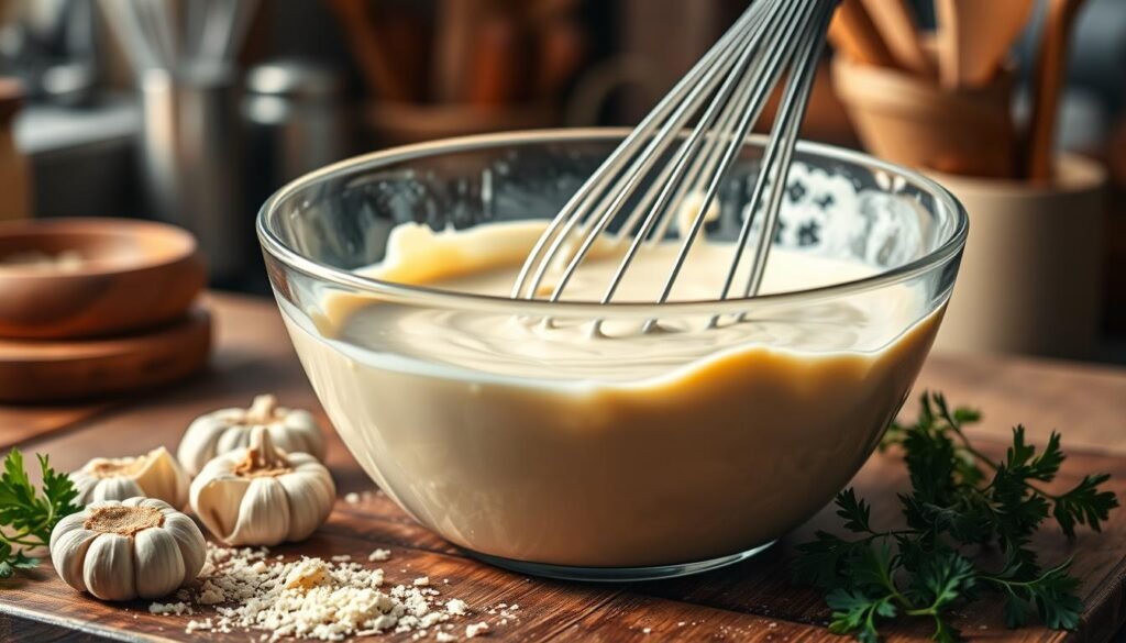 A creamy alfredo sauce base in a glass mixing bowl, with a smooth, velvety texture showcasing rich colors of white and light beige. Foreground features fresh ingredients like garlic cloves, a sprinkle of grated parmesan cheese, and sprigs of parsley artfully arranged around the bowl. The middle layer captures the sauce being whisked, with a subtle shine reflecting soft, warm kitchen lighting. In the background, a rustic wooden countertop and various kitchen utensils hint at a cozy cooking environment, with soft bokeh effects. Lighting is natural and warm, evoking a sense of comfort and homeliness, emphasizing the creamy decadence of the sauce. Aim for an inviting, appetizing atmosphere that draws the viewer into the art of cooking.