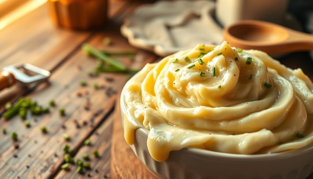 A creamy bowl of perfectly whipped mashed potatoes sits at the forefront, glistening with melted butter cascading down the sides. The texture is smooth and fluffy, inviting viewers to take a scoop. Surrounding the bowl are a sprinkle of freshly chopped chives and a light dusting of cracked black pepper for added visual appeal. In the middle ground, a rustic wooden table adds warmth, with a slightly worn texture that enhances the cozy atmosphere. In the background, softly blurred kitchen elements hint at home-cooked comforts, like a vegetable peeler and a wooden spoon. The scene is illuminated by soft, warm lighting, mimicking a golden hour glow, casting inviting shadows and creating a rich, appetizing ambiance. The lens captures the image from a slight overhead angle, emphasizing the inviting nature of the dish.