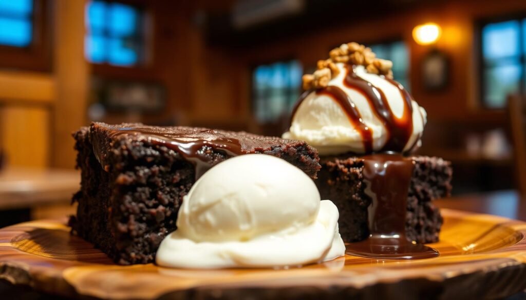 A decadent Texas Roadhouse Big Ol' Brownie sits prominently in the foreground, crafted to perfection with warm, fudgy texture and a glossy chocolate glaze. The brownie is served on a rustic wooden plate, accompanied by a generous scoop of creamy vanilla ice cream drizzled with rich chocolate syrup, and garnished with a sprinkle of toasted pecans. In the background, a softly lit ambiance suggests a cozy restaurant setting, with warm wooden tones and hints of blue skies through a window, creating an inviting mood. The lighting emphasizes the glistening surface of the brownie, enhancing its mouthwatering appeal. The shot is taken at an inviting angle, focusing closely on the dessert while softening the background just enough to suggest the restaurant atmosphere without distraction.