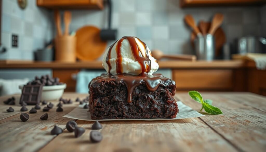 A decadent, large brownie sits prominently in the foreground on a rustic wooden table, glistening with a rich chocolate glaze. The brownie is topped with a generous scoop of creamy vanilla ice cream, melting slightly from the warmth of the dessert, and drizzled with chocolate and caramel sauce. In the middle ground, there are scattered chocolate chips and a sprig of mint for a touch of color. The background features a cozy kitchen scene, with soft, warm lighting illuminating a well-used countertop and baking tools. The atmosphere is inviting and homely, evoking the comforting feel of baking at home. The angle captures the dessert slightly from above, highlighting its delicious layers and textures, creating an appealing and mouth-watering presentation.