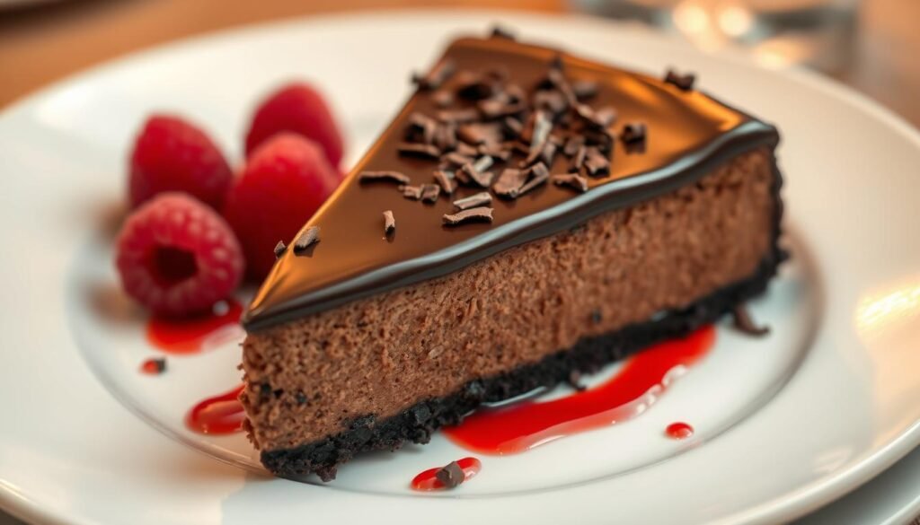 A decadent slice of chocolate cheesecake, rich and creamy, displayed on an elegant white plate. The cheesecake features a glossy chocolate ganache topping, with a sprinkling of dark chocolate shavings for garnish. Surrounding the plate are fresh raspberries and a drizzle of raspberry coulis for a pop of color. The scene is softly lit, casting subtle highlights on the cheesecake’s smooth texture, with a shallow depth of field focusing on the dessert while creating a blurred, warm-toned background that hints at a cozy dining atmosphere. The overall mood is inviting and indulgent, perfect for showcasing this delightful dessert. A decadent slice of chocolate cheesecake, rich and creamy, displayed on an elegant white plate. The cheesecake features a glossy chocolate ganache topping, with a sprinkling of dark chocolate shavings for garnish. Surrounding the plate are fresh raspberries and a drizzle of raspberry coulis for a pop of color. The scene is softly lit, casting subtle highlights on the cheesecake’s smooth texture, with a shallow depth of field focusing on the dessert while creating a blurred, warm-toned background that hints at a cozy dining atmosphere. The overall mood is inviting and indulgent, perfect for showcasing this delightful dessert.