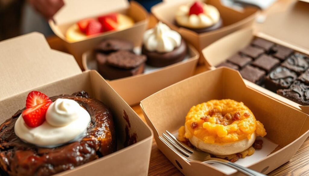 A delectable array of takeout desserts artfully displayed in eco-friendly containers, showcasing a mouthwatering variety including a warm chocolate lava cake, creamy cheesecake topped with strawberries, and rich chocolate brownies. In the foreground, a close-up of a beautifully arranged dessert box reveals a golden apple crisp with a dollop of vanilla ice cream melting on top. The middle ground features additional desserts, neatly packed, with elegant forks and napkins beside them. Soft, warm lighting creates a cozy atmosphere, enhancing the appeal of the sweets. The background features subtle hints of a table setting, suggesting a casual dining vibe. The image should evoke a sense of indulgence and comfort, ideal for enjoying sweets at home. A delectable array of takeout desserts artfully displayed in eco-friendly containers, showcasing a mouthwatering variety including a warm chocolate lava cake, creamy cheesecake topped with strawberries, and rich chocolate brownies. In the foreground, a close-up of a beautifully arranged dessert box reveals a golden apple crisp with a dollop of vanilla ice cream melting on top. The middle ground features additional desserts, neatly packed, with elegant forks and napkins beside them. Soft, warm lighting creates a cozy atmosphere, enhancing the appeal of the sweets. The background features subtle hints of a table setting, suggesting a casual dining vibe. The image should evoke a sense of indulgence and comfort, ideal for enjoying sweets at home.