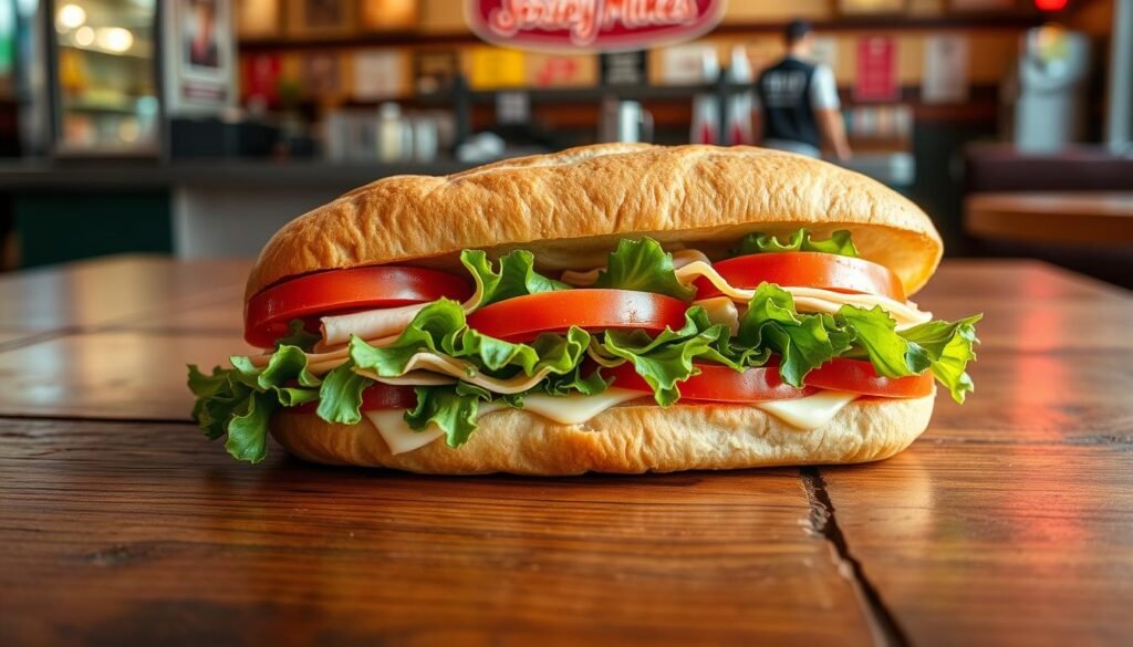 A delicious Jersey Mike’s medium sub sandwich lying on a rustic wooden table, showcasing layers of fresh turkey, provolone cheese, crisp lettuce, ripe tomatoes, and creamy mayonnaise. The sandwich is neatly cut in half to reveal the vibrant colors and textures of the ingredients. In the background, a warm and inviting deli atmosphere can be seen, with soft, natural lighting highlighting the freshness of the food. The image is captured from a slightly top-down angle to emphasize the sub's appetizing details. An inviting vibe suggests a casual dining experience, evoking a sense of comfort and satisfaction.