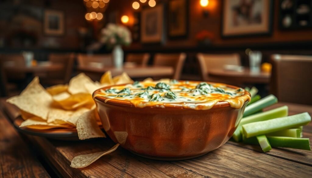 A delicious bowl of creamy spinach artichoke dip sits elegantly on a rustic wooden table, surrounded by crispy tortilla chips and fresh vegetable sticks. The dip features vibrant green spinach and chunks of artichoke, topped with a golden, gooey cheese layer that glistens under soft, warm lighting. In the background, a blurred restaurant setting adds an inviting atmosphere, with tasteful decorations and warm hues suggesting a cozy dining experience. The angle captures the dip in a close-up view, showcasing its texture and enticing appearance, while creating a mouthwatering and appetizing mood perfect for a social gathering. A delicious bowl of creamy spinach artichoke dip sits elegantly on a rustic wooden table, surrounded by crispy tortilla chips and fresh vegetable sticks. The dip features vibrant green spinach and chunks of artichoke, topped with a golden, gooey cheese layer that glistens under soft, warm lighting. In the background, a blurred restaurant setting adds an inviting atmosphere, with tasteful decorations and warm hues suggesting a cozy dining experience. The angle captures the dip in a close-up view, showcasing its texture and enticing appearance, while creating a mouthwatering and appetizing mood perfect for a social gathering.