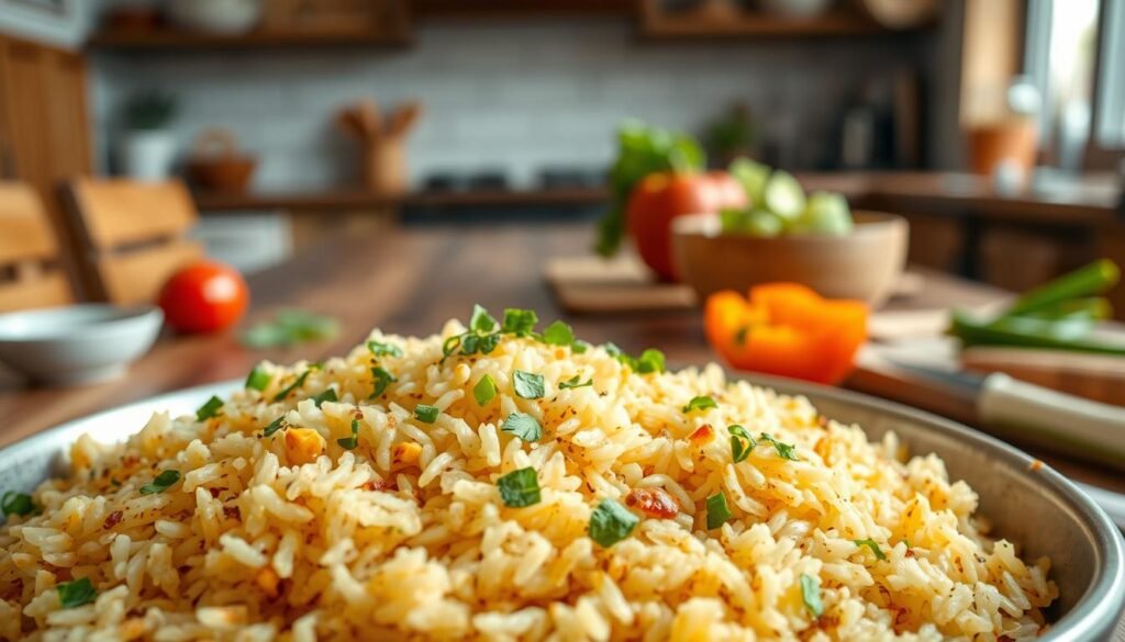 A delicious bowl of seasoned rice, showcasing its fluffy texture and rich colors, prominently placed in the foreground. The rice is garnished with vibrant green herbs and subtle hints of spices, reflecting variations and creative additions. In the middle ground, a wooden kitchen table is set with a rustic feel, complemented by a few additional ingredients like diced bell peppers and sliced green onions, inviting culinary inspiration. The background features a softly lit kitchen setting with subtle hints of warm tones that create an inviting atmosphere. Soft natural light streams in from a nearby window, enhancing the appetizing appearance of the dish. The perspective is slightly above the dish, capturing the details of the rice while keeping the composition balanced and appealing. A delicious bowl of seasoned rice, showcasing its fluffy texture and rich colors, prominently placed in the foreground. The rice is garnished with vibrant green herbs and subtle hints of spices, reflecting variations and creative additions. In the middle ground, a wooden kitchen table is set with a rustic feel, complemented by a few additional ingredients like diced bell peppers and sliced green onions, inviting culinary inspiration. The background features a softly lit kitchen setting with subtle hints of warm tones that create an inviting atmosphere. Soft natural light streams in from a nearby window, enhancing the appetizing appearance of the dish. The perspective is slightly above the dish, capturing the details of the rice while keeping the composition balanced and appealing.