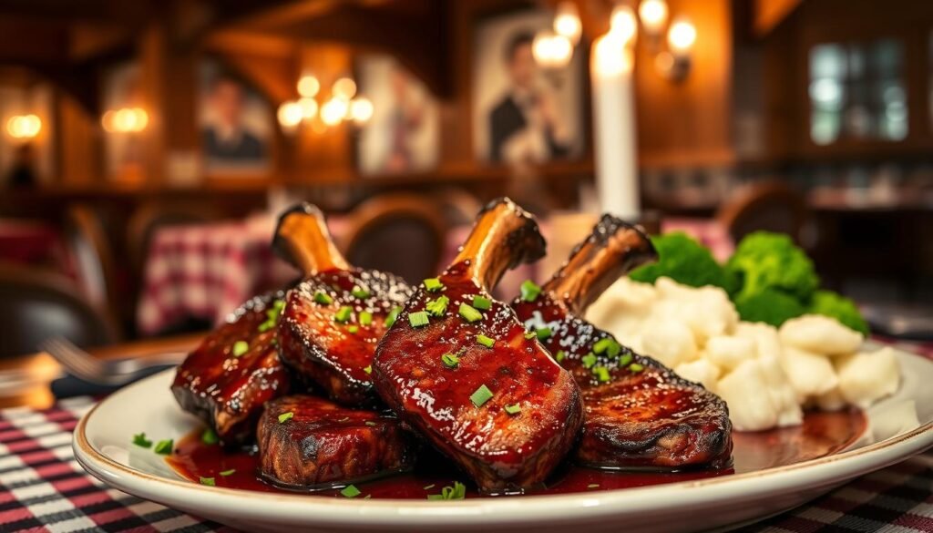 A delicious plate of Texas Roadhouse beef tips, expertly seared and glistening with a rich, savory sauce. The beef tips are arranged artfully in the foreground, garnished with freshly chopped parsley and served with a side of fluffy mashed potatoes and vibrant steamed broccoli. The middle ground features a rustic wooden dining table setting, adorned with a classic checkered tablecloth, with a warm glow from ambient candlelight creating an inviting atmosphere. In the background, blurred images of a cozy restaurant ambiance with wooden beams and soft lighting enhance the scene. The composition is shot from a slightly elevated angle, showcasing the texture of the beef and the steam rising from the sides, evoking a warm and inviting mood that captures the essence of a delightful dining experience. A delicious plate of Texas Roadhouse beef tips, expertly seared and glistening with a rich, savory sauce. The beef tips are arranged artfully in the foreground, garnished with freshly chopped parsley and served with a side of fluffy mashed potatoes and vibrant steamed broccoli. The middle ground features a rustic wooden dining table setting, adorned with a classic checkered tablecloth, with a warm glow from ambient candlelight creating an inviting atmosphere. In the background, blurred images of a cozy restaurant ambiance with wooden beams and soft lighting enhance the scene. The composition is shot from a slightly elevated angle, showcasing the texture of the beef and the steam rising from the sides, evoking a warm and inviting mood that captures the essence of a delightful dining experience.