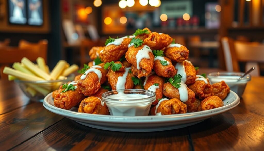 A delicious plate of boneless wings presented on a rustic wooden table, drizzled with tangy barbecue and creamy ranch sauces. The wings are piled high, showcasing their golden-brown, crispy texture, garnished with fresh parsley for a pop of color. In the background, a softly lit restaurant ambiance with warm, inviting tones and blurred wooden furniture hints at a friendly dining atmosphere. The table also features a side of crispy celery sticks and a small bowl of dipping sauces. The angle is slightly overhead, capturing both the wings and the inviting atmosphere around them, conveying a mood of indulgence and festivity. The lighting is warm and inviting, emphasizing the savory detail of the dish.
