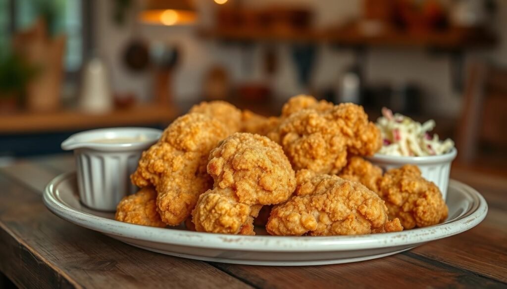 A delicious plate of country fried chicken, golden brown and crispy, served on a rustic wooden table. The chicken pieces are generously coated in a seasoned flour mixture, glistening with a light sheen of oil. Accompanying the dish are two ramekins, one filled with creamy white gravy and the other with tangy coleslaw, adding color and texture to the scene. In the background, a blurred image of a cozy kitchen, with warm, inviting lighting, evokes a sense of comfort and homeliness. The focus is sharp on the chicken, showcasing its crunchy texture and juicy interior, while the background softly fades into a bokeh effect. The overall mood is warm and inviting, perfect for a comforting home-cooked meal. A delicious plate of country fried chicken, golden brown and crispy, served on a rustic wooden table. The chicken pieces are generously coated in a seasoned flour mixture, glistening with a light sheen of oil. Accompanying the dish are two ramekins, one filled with creamy white gravy and the other with tangy coleslaw, adding color and texture to the scene. In the background, a blurred image of a cozy kitchen, with warm, inviting lighting, evokes a sense of comfort and homeliness. The focus is sharp on the chicken, showcasing its crunchy texture and juicy interior, while the background softly fades into a bokeh effect. The overall mood is warm and inviting, perfect for a comforting home-cooked meal.