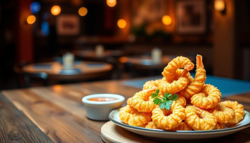 A delicious plate of double crunch shrimp, featuring golden, crispy fried shrimp piled high, garnished with fresh parsley. In the foreground, the shrimp are artfully arranged alongside a small bowl of zesty dipping sauce, glistening in the light. The middle ground showcases a rustic wooden table, accentuated by a vibrant, deep blue tablecloth adding a pop of color. In the background, a cozy restaurant ambiance with softly blurred lights and the faint outline of a casual dining setting enhances the inviting mood. The lighting is warm and inviting, reminiscent of a comfortable evening out, with a shallow depth of field emphasizing the shrimp as the main focal point. The atmosphere conveys a sense of indulgence and culinary delight.