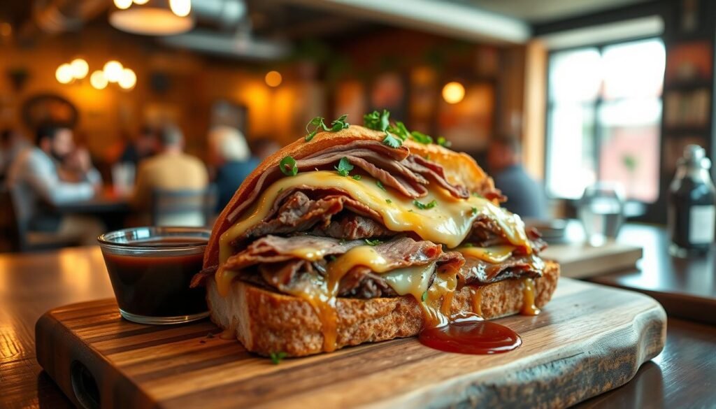 A delicious prime rib dipper sandwich served on a wooden board, showcasing juicy, thinly sliced prime rib piled high with melted cheese and fresh herbs, accompanied by a small bowl of rich au jus for dipping. The sandwich should be visually appealing, with the bread lightly toasted for texture. In the background, a vibrant, rustic restaurant setting with soft, warm lighting creates a cozy atmosphere, highlighting a blurred vision of patrons enjoying their meals. Use a close-up angle to emphasize the texture of the meat and cheese melting together. The mood should be inviting and appetizing, evoking a sense of comfort and satisfaction in dining. A delicious prime rib dipper sandwich served on a wooden board, showcasing juicy, thinly sliced prime rib piled high with melted cheese and fresh herbs, accompanied by a small bowl of rich au jus for dipping. The sandwich should be visually appealing, with the bread lightly toasted for texture. In the background, a vibrant, rustic restaurant setting with soft, warm lighting creates a cozy atmosphere, highlighting a blurred vision of patrons enjoying their meals. Use a close-up angle to emphasize the texture of the meat and cheese melting together. The mood should be inviting and appetizing, evoking a sense of comfort and satisfaction in dining.