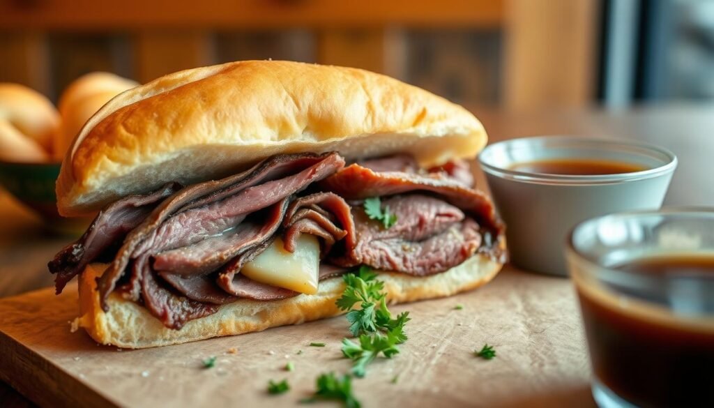 A delicious prime rib dipper sandwich takes center stage, showcasing succulent slices of juicy, medium-rare prime rib nestled within a perfectly toasted, golden-brown hoagie roll. Accompanying the sandwich is a small bowl of rich, dark au jus, glistening and inviting. The foreground features the sandwich cut in half, revealing a mouthwatering cross-section that highlights the tender meat and melted cheese. In the middle ground, a sprinkle of fresh herbs adds a pop of color, enhancing the visual appeal. Soft, warm lighting casts a cozy ambiance, reminiscent of a friendly restaurant setting. The background subtly hints at a rustic dining table with wooden accents, contributing to an inviting, homely atmosphere. The image evokes warmth and indulgence, enticing viewers to savor the flavor profile and texture experience. A delicious prime rib dipper sandwich takes center stage, showcasing succulent slices of juicy, medium-rare prime rib nestled within a perfectly toasted, golden-brown hoagie roll. Accompanying the sandwich is a small bowl of rich, dark au jus, glistening and inviting. The foreground features the sandwich cut in half, revealing a mouthwatering cross-section that highlights the tender meat and melted cheese. In the middle ground, a sprinkle of fresh herbs adds a pop of color, enhancing the visual appeal. Soft, warm lighting casts a cozy ambiance, reminiscent of a friendly restaurant setting. The background subtly hints at a rustic dining table with wooden accents, contributing to an inviting, homely atmosphere. The image evokes warmth and indulgence, enticing viewers to savor the flavor profile and texture experience.