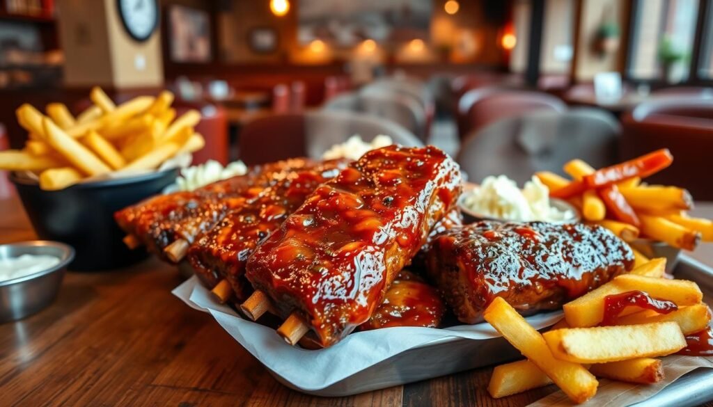 A delicious, steaming riblets platter in the foreground, featuring succulent, glazed riblets surrounded by sides of crispy fries, coleslaw, and tangy barbecue sauce. The riblets should be generously brushed with a shiny, caramelized glaze, showcasing their tender texture. In the middle, a rustic wooden table enhances the inviting atmosphere, while a cozy restaurant setting is subtly blurred in the background, with soft lighting creating a warm and welcoming ambiance. The scene captures an inviting moment of indulgence, perfect for sharing with friends or family. The angle should be slightly overhead to encompass the entire platter while emphasizing the mouthwatering presentation. A soft focus on the background adds depth, ensuring the delicious riblets remain the focal point of the image.
