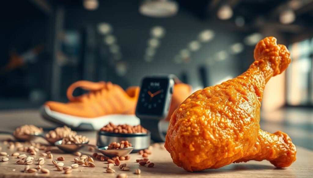 A detailed close-up of a crispy, golden-brown Popeyes drumstick, prominently placed in the foreground with a focus on its rich texture and glistening surface. Surrounding the drumstick are scattered measuring spoons filled with various whole grains and healthy ingredients, symbolizing the concept of calorie counting. In the middle ground, a sleek fitness tracker and a pair of running shoes are arranged, representing physical activity. The background features a blurred gym setting with warm, natural light filtering in, creating an inviting atmosphere. Use a shallow depth of field to focus sharply on the drumstick while softly blurring the background elements. The overall mood conveys a balance between indulgence and fitness.