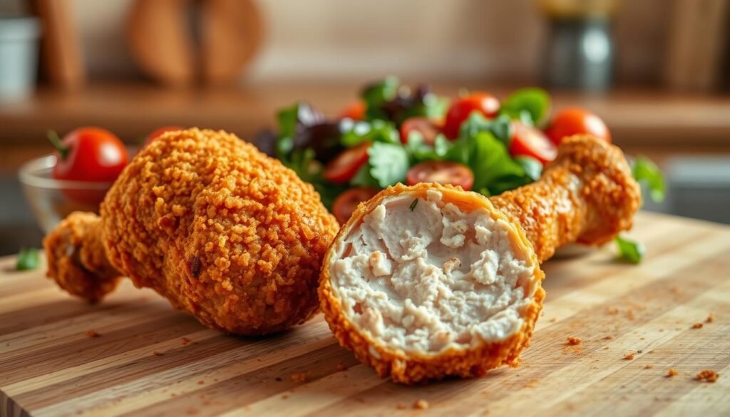 A detailed comparison between a golden, crispy breaded chicken drumstick and a succulent, seasoned meat drumstick on a wooden cutting board. In the foreground, the breaded drumstick is depicted with a glossy coating, emphasizing its crunchy texture, while the meat-only drumstick reveals its juicy interior, with hints of herbs and spices. In the middle ground, a vibrant salad of fresh greens and cherry tomatoes adds color and freshness, reflecting a healthy meal choice. The background features a soft-focus kitchen setting with warm lighting, highlighting a rustic ambiance. Use a shallow depth of field to draw attention to the drumsticks, with a slight overhead angle to showcase the textures vividly. The overall mood is informative yet inviting, perfect for a culinary perspective.