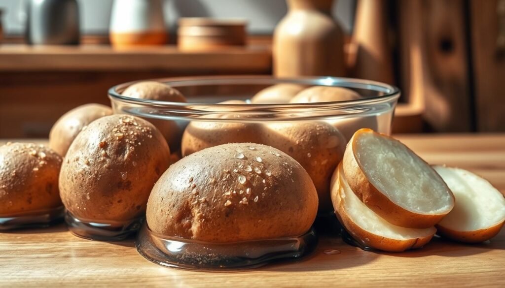 A detailed composition of russet potatoes submerged in a clear bowl of cold water, showcasing their earthy, textured skins with a rich brown hue and scattered droplets glistening on the surface. In the foreground, focus on several whole russet potatoes, some partially submerged, while a few slices rest beside the bowl, emphasizing their fluffy interior. The middle ground features the bowl itself, made of thick glass, catching soft, natural light that enhances the freshness of the potatoes. In the background, a rustic wooden kitchen countertop adds warmth, complemented by subtle hints of kitchen utensils and soft shadows. The atmosphere conveys a clean and inviting mood, suitable for a culinary setting, captured with a slightly elevated angle to highlight the potatoes' details and textures. A detailed composition of russet potatoes submerged in a clear bowl of cold water, showcasing their earthy, textured skins with a rich brown hue and scattered droplets glistening on the surface. In the foreground, focus on several whole russet potatoes, some partially submerged, while a few slices rest beside the bowl, emphasizing their fluffy interior. The middle ground features the bowl itself, made of thick glass, catching soft, natural light that enhances the freshness of the potatoes. In the background, a rustic wooden kitchen countertop adds warmth, complemented by subtle hints of kitchen utensils and soft shadows. The atmosphere conveys a clean and inviting mood, suitable for a culinary setting, captured with a slightly elevated angle to highlight the potatoes' details and textures.