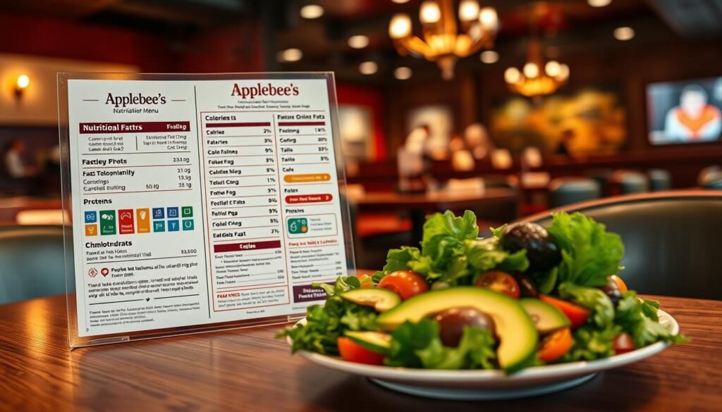 A detailed nutritional information menu prominently displayed on a sleek wooden table. The menu design is elegant and modern, featuring sections for calories, fats, proteins, and carbohydrates, with colorful icons representing various food groups. In the foreground, a close-up of a healthy salad with vibrant greens, bright tomatoes, and sliced avocados sits beside the menu, emphasizing fresh and nutritious choices. The middle ground showcases the menu details, with well-organized sections and a visually appealing layout. The background is softly blurred, featuring a cozy Applebee's dining area with warm lighting, creating an inviting atmosphere. The image captures a sense of health-conscious dining while being clear and informative. The lighting is soft yet vibrant, evoking a welcoming, casual dining experience. A detailed nutritional information menu prominently displayed on a sleek wooden table. The menu design is elegant and modern, featuring sections for calories, fats, proteins, and carbohydrates, with colorful icons representing various food groups. In the foreground, a close-up of a healthy salad with vibrant greens, bright tomatoes, and sliced avocados sits beside the menu, emphasizing fresh and nutritious choices. The middle ground showcases the menu details, with well-organized sections and a visually appealing layout. The background is softly blurred, featuring a cozy Applebee's dining area with warm lighting, creating an inviting atmosphere. The image captures a sense of health-conscious dining while being clear and informative. The lighting is soft yet vibrant, evoking a welcoming, casual dining experience.