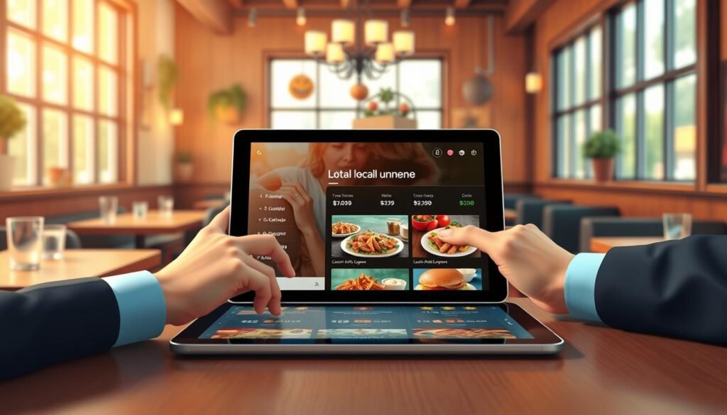 A digital illustration capturing the essence of accessing a local lunch menu. In the foreground, a well-organized table featuring a sleek tablet displaying the "local Applebee's lunch menu" interface, with vibrant images of menu items like salads and burgers. A pair of hands, dressed in smart casual attire, are interacting with the tablet. In the middle ground, a cozy restaurant setting with wooden tables and cheerful decor, hinting at a lunchtime atmosphere. Behind, large windows allow warm, natural light to filter in, enhancing the inviting mood. The scene is professionally composed, aiming for a friendly and approachable vibe that encourages diners to explore lunch options. The focus is clear, with soft bokeh in the background, drawing attention to the menu display. A digital illustration capturing the essence of accessing a local lunch menu. In the foreground, a well-organized table featuring a sleek tablet displaying the "local Applebee's lunch menu" interface, with vibrant images of menu items like salads and burgers. A pair of hands, dressed in smart casual attire, are interacting with the tablet. In the middle ground, a cozy restaurant setting with wooden tables and cheerful decor, hinting at a lunchtime atmosphere. Behind, large windows allow warm, natural light to filter in, enhancing the inviting mood. The scene is professionally composed, aiming for a friendly and approachable vibe that encourages diners to explore lunch options. The focus is clear, with soft bokeh in the background, drawing attention to the menu display.