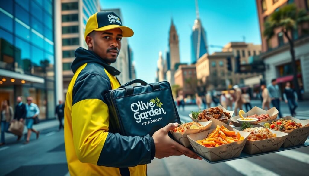 A dynamic scene depicting an Uber Direct delivery in action, featuring a well-dressed delivery driver in a bright yellow and black uniform, confidently holding an Olive Garden branded insulated delivery bag. In the foreground, emphasize the driver with a slight angle, capturing a sense of movement and readiness. The middle ground showcases an array of Olive Garden dishes, beautifully presented and subtly steaming, evoking the aroma of freshly delivered Italian cuisine. In the background, a modern city street with bustling pedestrians and a few recognizable city landmarks under a clear blue sky, creating a vibrant urban atmosphere. The lighting is bright and inviting, simulating a sunny afternoon, with shadows adding depth. The overall mood conveys efficiency and excitement, illustrating the convenience of Uber Direct delivery service.