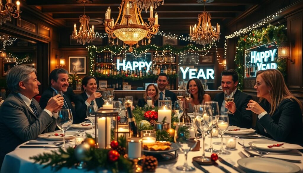 A festive New Year’s Eve scene inside a cozy Italian restaurant, filled with warm ambient lighting from elegant chandeliers. In the foreground, a beautifully set dining table adorned with sparkling glasses, candles, and a centerpiece of festive greenery and seasonal decorations. In the middle, well-dressed diners enjoying their meals, wearing stylish business attire, celebrating the holiday cheer with joyful expressions and clinking glasses. The background features a decorated bar with glistening bottles and an illuminated “Happy New Year” sign, while twinkling fairy lights create a magical atmosphere. The overall mood is warm, inviting, and celebratory, captured at a slight angle to give depth, as if the viewer is part of the gathering, celebrating the New Year with good food and company.