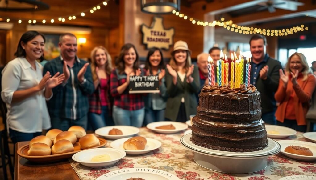 A festive Texas Roadhouse birthday celebration scene. In the foreground, a beautifully decorated table laden with a large, multi-layered chocolate birthday cake topped with colorful candles, surrounded by plates of signature rolls and cinnamon butter. In the middle ground, cheerful guests of various ages in modest casual clothing, smiling and enjoying the moment, with one person holding the cake while others clap in excitement. The background features the warm, rustic interior of Texas Roadhouse, with wooden walls and twinkling string lights creating a cozy atmosphere. Soft, warm lighting enhances the joyful mood, captured from a slightly elevated angle to showcase the table and the delighted faces of the guests. A festive Texas Roadhouse birthday celebration scene. In the foreground, a beautifully decorated table laden with a large, multi-layered chocolate birthday cake topped with colorful candles, surrounded by plates of signature rolls and cinnamon butter. In the middle ground, cheerful guests of various ages in modest casual clothing, smiling and enjoying the moment, with one person holding the cake while others clap in excitement. The background features the warm, rustic interior of Texas Roadhouse, with wooden walls and twinkling string lights creating a cozy atmosphere. Soft, warm lighting enhances the joyful mood, captured from a slightly elevated angle to showcase the table and the delighted faces of the guests.