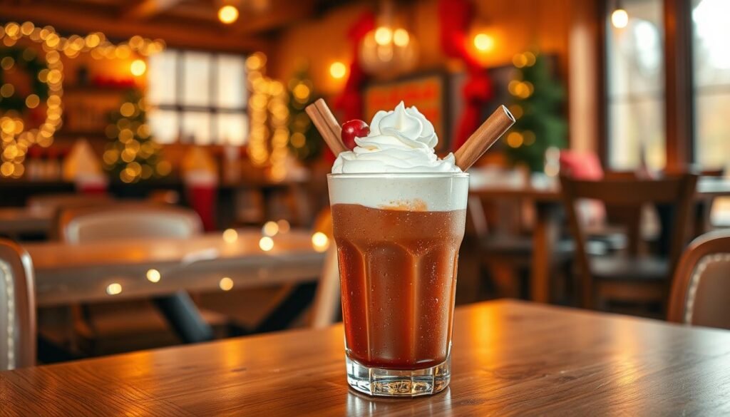 A festive holiday drink served in a clear glass, topped with whipped cream and garnished with cinnamon sticks and fresh cranberries. The foreground features the drink elegantly placed on a wooden table, with glistening droplets of condensation on the glass. In the middle ground, twinkling fairy lights softly illuminate the scene, creating a warm and inviting atmosphere. A blurred background reveals a cozy restaurant setting with rustic wooden furniture and seasonal decorations, including red and green accents. The lighting is warm and bright, suggesting a cheerful holiday mood. The camera angle is slightly elevated, capturing the drink in vibrant detail against the lively backdrop. A festive holiday drink served in a clear glass, topped with whipped cream and garnished with cinnamon sticks and fresh cranberries. The foreground features the drink elegantly placed on a wooden table, with glistening droplets of condensation on the glass. In the middle ground, twinkling fairy lights softly illuminate the scene, creating a warm and inviting atmosphere. A blurred background reveals a cozy restaurant setting with rustic wooden furniture and seasonal decorations, including red and green accents. The lighting is warm and bright, suggesting a cheerful holiday mood. The camera angle is slightly elevated, capturing the drink in vibrant detail against the lively backdrop.