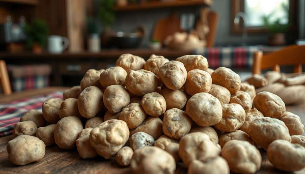 A fresh pile of russet potatoes, showcasing their rough, earthy skin and irregular shapes, is arranged prominently in the foreground. The middle ground features a rustic wooden table adorned with a plaid cloth, enhancing the comforting, homey vibe. In the background, hints of a warm, inviting kitchen are visible, with soft lighting casting gentle shadows, suggesting an atmosphere of warmth and culinary delight. The scene is captured with a shallow depth of field to draw focus on the potatoes, while the lens offers a soft, natural look that evokes a sense of freshness and abundance. The overall mood is inviting and appetizing, perfectly illustrating the essence of quality ingredients for a delicious dish. A fresh pile of russet potatoes, showcasing their rough, earthy skin and irregular shapes, is arranged prominently in the foreground. The middle ground features a rustic wooden table adorned with a plaid cloth, enhancing the comforting, homey vibe. In the background, hints of a warm, inviting kitchen are visible, with soft lighting casting gentle shadows, suggesting an atmosphere of warmth and culinary delight. The scene is captured with a shallow depth of field to draw focus on the potatoes, while the lens offers a soft, natural look that evokes a sense of freshness and abundance. The overall mood is inviting and appetizing, perfectly illustrating the essence of quality ingredients for a delicious dish.