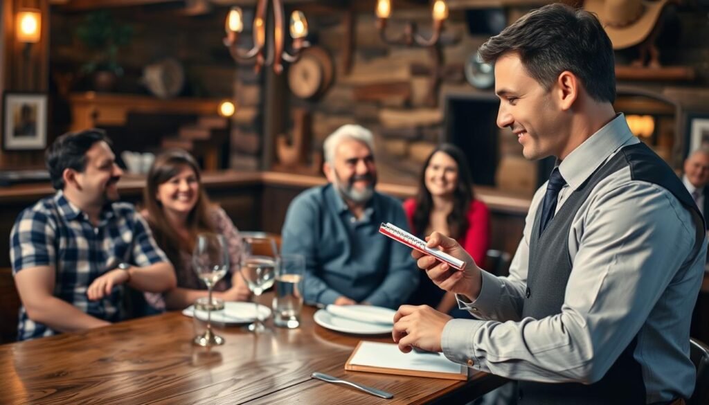 A friendly restaurant scene featuring a well-dressed server interacting with a diverse group of customers at a rustic wooden table in a Texas Roadhouse setting. In the foreground, the server, wearing a smart casual outfit, is holding a notepad and pen, attentively listening to the customers' dietary preferences. The middle ground displays the customers smiling, showcasing a casual yet engaged atmosphere. The background reveals the charming Texas Roadhouse interior, with wooden accents, cowboy-themed decor, and dim, warm lighting that creates an inviting ambiance. The scene captures a moment of clear communication, emphasizing trust and understanding between the server and patrons, reflecting the importance of discussing gluten-free options. The image should have soft focus on the background, highlighting the interaction in the foreground.