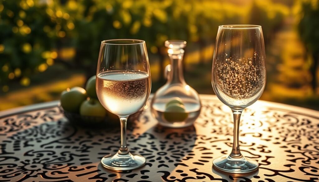 A glass of exquisite white wine sits elegantly on an intricately designed wooden table, its crystalline surface reflecting the warm golden hues of ambient light. In the foreground, the wine glass is filled with a pale straw-colored liquid, showcasing subtle effervescence. Surrounding the glass are glistening droplets of condensation, hinting at a refreshing chill. In the middle ground, a cluster of green apples and a decanter elegantly complement the setting, adding a pop of color. The background reveals a softly blurred vineyard with lush green vines gently swaying in a light breeze, basking in golden hour sunlight. The overall atmosphere is inviting and sophisticated, evoking a sense of relaxation and indulgence, perfect for wine enthusiasts. A glass of exquisite white wine sits elegantly on an intricately designed wooden table, its crystalline surface reflecting the warm golden hues of ambient light. In the foreground, the wine glass is filled with a pale straw-colored liquid, showcasing subtle effervescence. Surrounding the glass are glistening droplets of condensation, hinting at a refreshing chill. In the middle ground, a cluster of green apples and a decanter elegantly complement the setting, adding a pop of color. The background reveals a softly blurred vineyard with lush green vines gently swaying in a light breeze, basking in golden hour sunlight. The overall atmosphere is inviting and sophisticated, evoking a sense of relaxation and indulgence, perfect for wine enthusiasts.