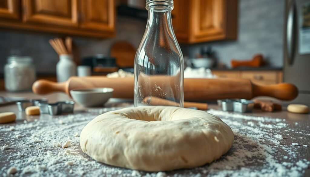 A kitchen countertop scene featuring a glass bottle rolling dough, surrounded by scattered flour and a few dough pieces. The foreground captures the textured surface of the uncooked dough, highlighting the bottle's smooth glass with intricate reflections of kitchen light. The middle of the image includes a rolling pin, a small bowl of flour, and cookie cutters, adding depth and context. The background subtly showcases a rustic kitchen, with warm wooden cabinets and soft, ambient lighting that casts gentle shadows, creating an inviting atmosphere. The angle should be slightly overhead to emphasize the dough and tools, evoking a sense of warmth and culinary creativity. Overall, the mood is homey and cheerful, perfect for a donut-making experience.