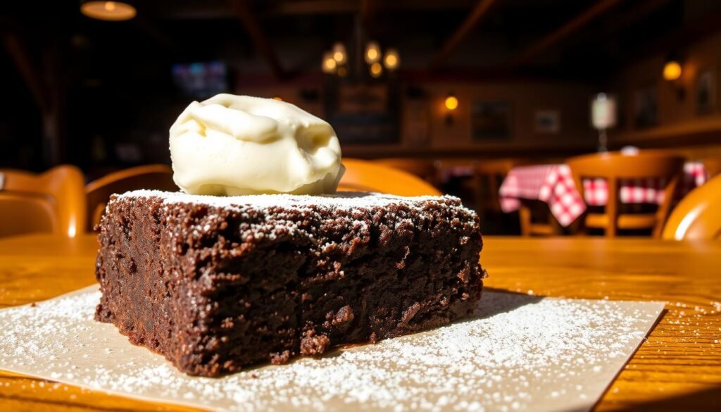 A large, decadent brownie sits prominently in the foreground, its rich, fudgy texture glistening with a hint of melted chocolate. Sprinkled with a light dusting of powdered sugar and topped with a scoop of creamy vanilla ice cream, the brownie exudes indulgence. In the middle ground, a rustic wooden table enhances the homey, warm atmosphere typical of a Texas Roadhouse, adorned with a red-checkered cloth. Soft, natural lighting spills in from the side, casting gentle shadows that add depth to the scene. The background features a cozy restaurant ambiance with warm tones, wooden accents, and dim overhead lighting, creating a welcoming mood. The overall image should evoke a sense of comfort and satisfaction, enticing viewers to indulge in this delightful dessert experience. A large, decadent brownie sits prominently in the foreground, its rich, fudgy texture glistening with a hint of melted chocolate. Sprinkled with a light dusting of powdered sugar and topped with a scoop of creamy vanilla ice cream, the brownie exudes indulgence. In the middle ground, a rustic wooden table enhances the homey, warm atmosphere typical of a Texas Roadhouse, adorned with a red-checkered cloth. Soft, natural lighting spills in from the side, casting gentle shadows that add depth to the scene. The background features a cozy restaurant ambiance with warm tones, wooden accents, and dim overhead lighting, creating a welcoming mood. The overall image should evoke a sense of comfort and satisfaction, enticing viewers to indulge in this delightful dessert experience.